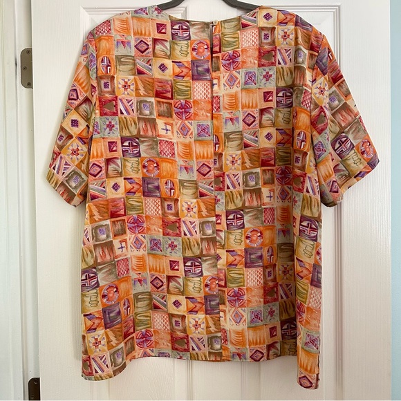 2X Vintage blouse w/ shoulder pads, grid pattern in peach, mint green, lavender - Picture 4 of 5